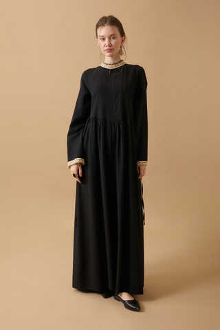 Dantel Şeritli Keten Elbise Siyah - 2