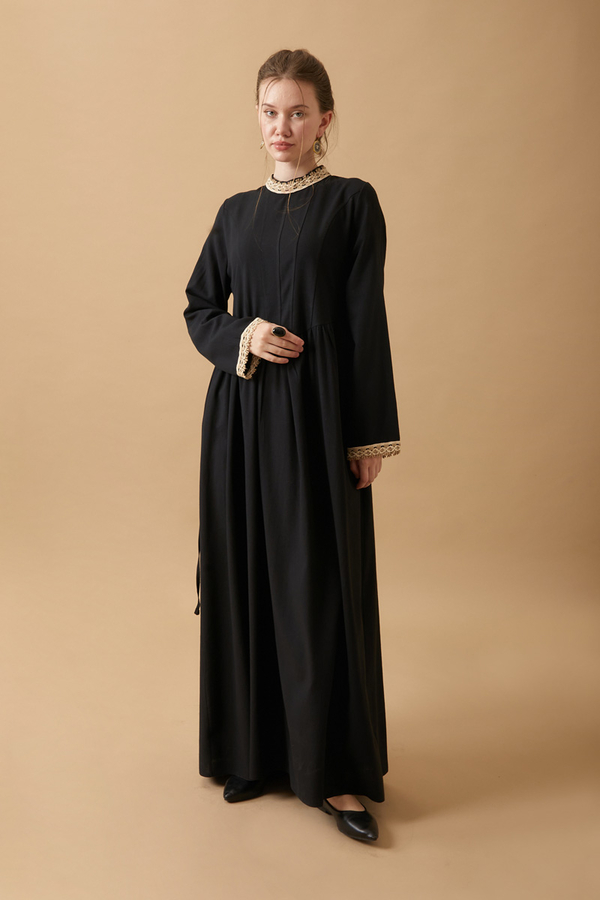 Dantel Şeritli Keten Elbise Siyah - 5