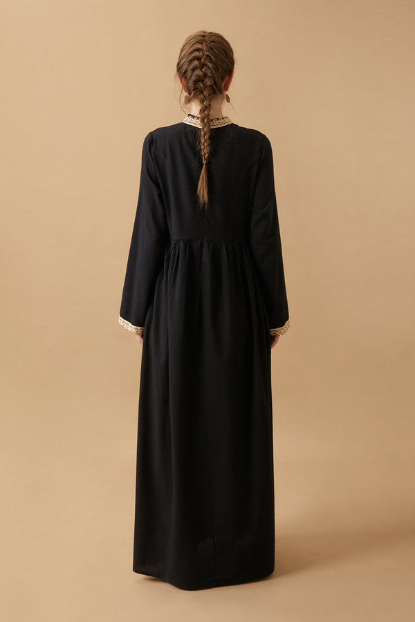 Dantel Şeritli Keten Elbise Siyah - 10