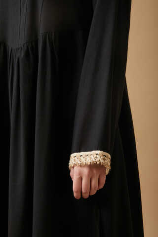 Dantel Şeritli Keten Elbise Siyah - 8