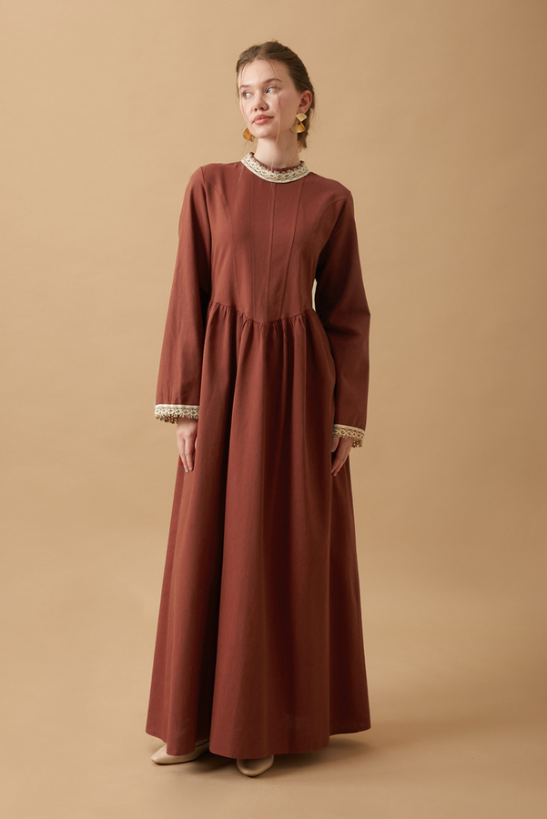 Lace-Trimmed Linen Dress Brick - 9