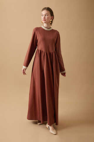 Lace-Trimmed Linen Dress Brick - 13