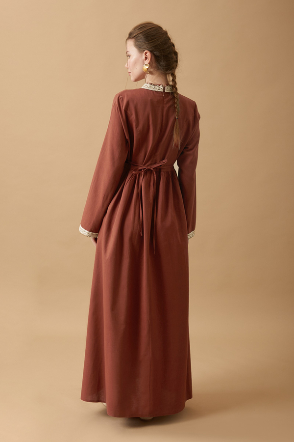 Lace-Trimmed Linen Dress Brick - 17