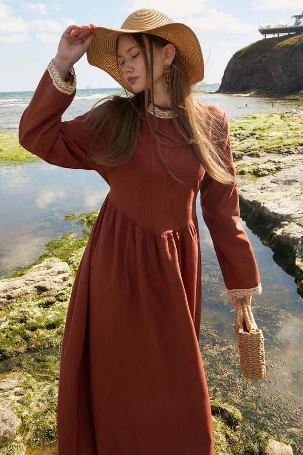 Lace-Trimmed Linen Dress Brick - 2