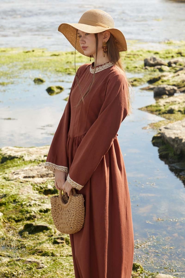 Lace-Trimmed Linen Dress Brick - 3