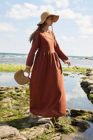 Lace-Trimmed Linen Dress Brick - 4