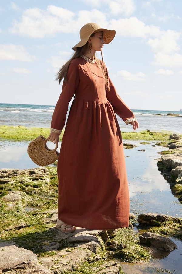 Lace-Trimmed Linen Dress Brick - 4