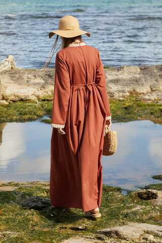 Lace-Trimmed Linen Dress Brick - 7