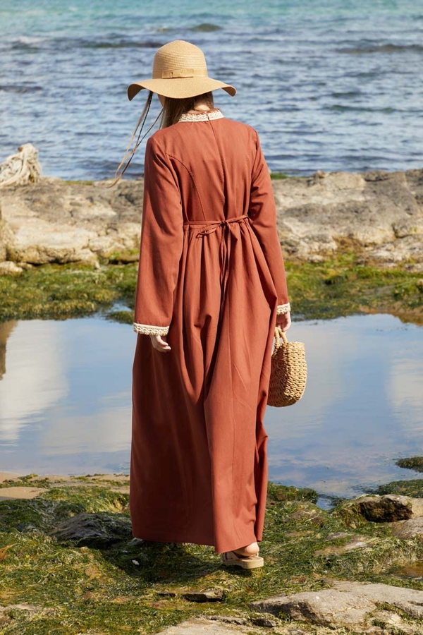 Lace-Trimmed Linen Dress Brick - 7