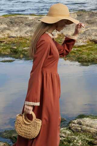 Lace-Trimmed Linen Dress Brick - 5