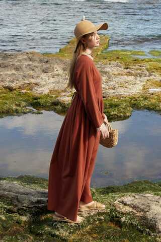 Lace-Trimmed Linen Dress Brick - 6