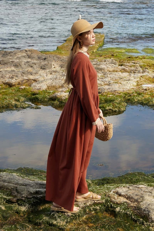 Lace-Trimmed Linen Dress Brick - 6