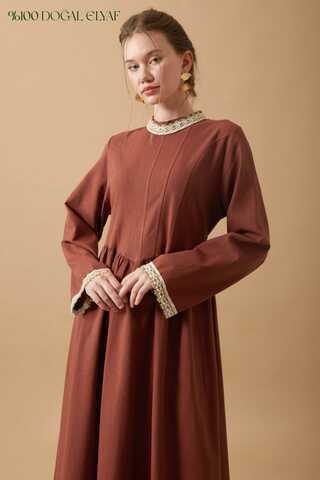 Lace-Trimmed Linen Dress Brick - 8