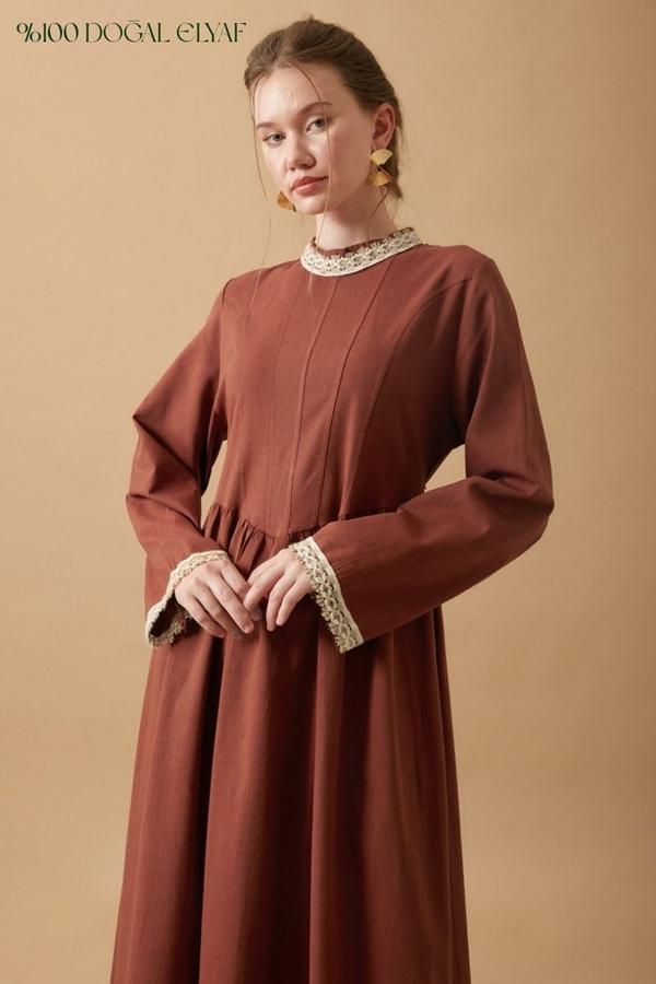 Lace-Trimmed Linen Dress Brick - 8