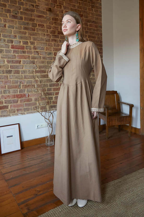 Lace-Trimmed Linen Dress Camel  - 1