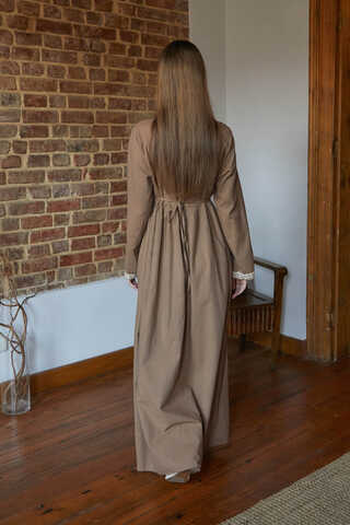 Lace-Trimmed Linen Dress Camel  - 5