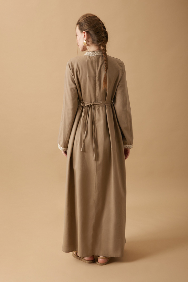 Lace-Trimmed Linen Dress Camel - 15