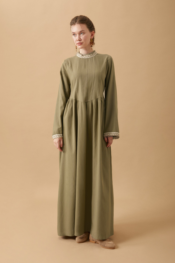 Lace-Trimmed Linen Dress Khaki - 4