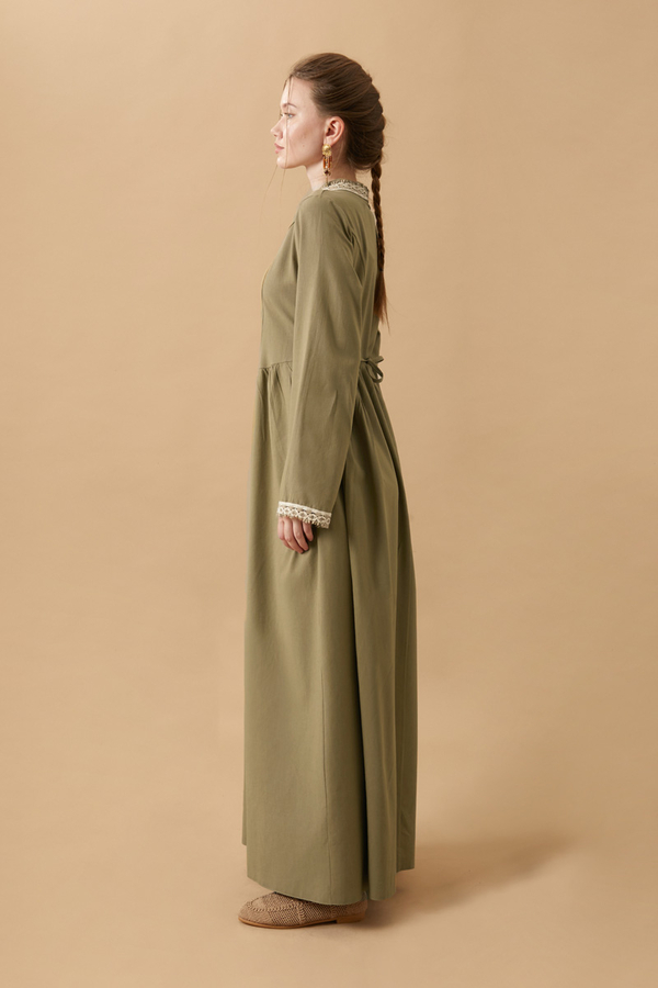 Lace-Trimmed Linen Dress Khaki - 6