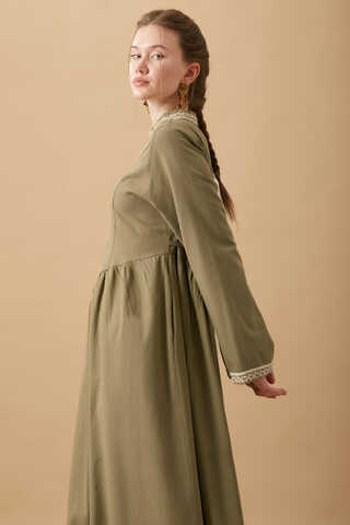 Lace-Trimmed Linen Dress Khaki - 9