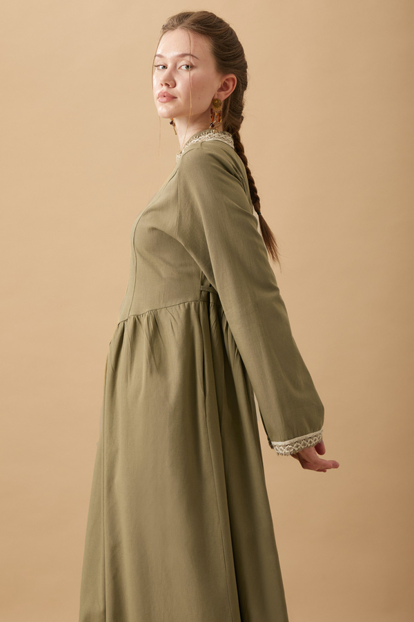 Lace-Trimmed Linen Dress Khaki - 9