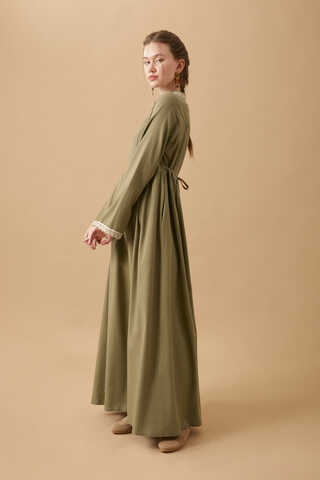Lace-Trimmed Linen Dress Khaki - 10