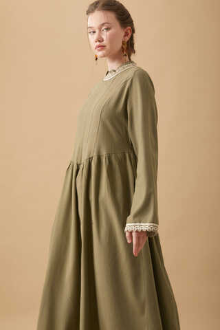 Lace-Trimmed Linen Dress Khaki - 5