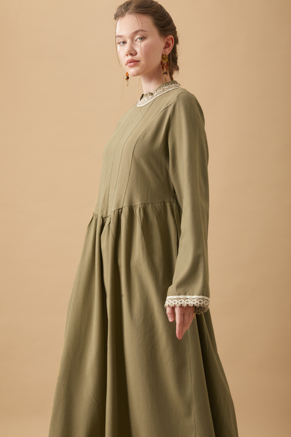 Lace-Trimmed Linen Dress Khaki - 5