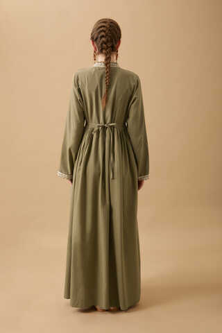 Lace-Trimmed Linen Dress Khaki - 11