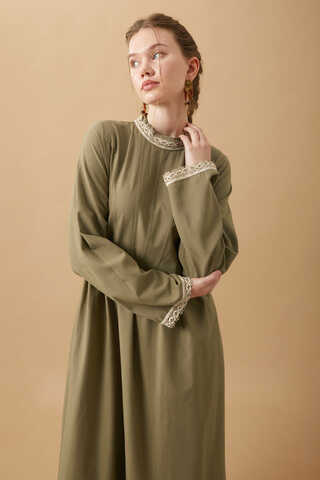 Lace-Trimmed Linen Dress Khaki - 8