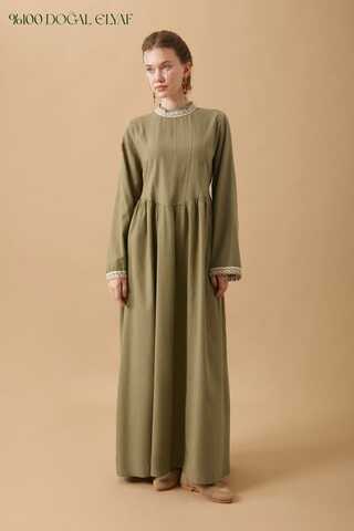 Lace-Trimmed Linen Dress Khaki - 2