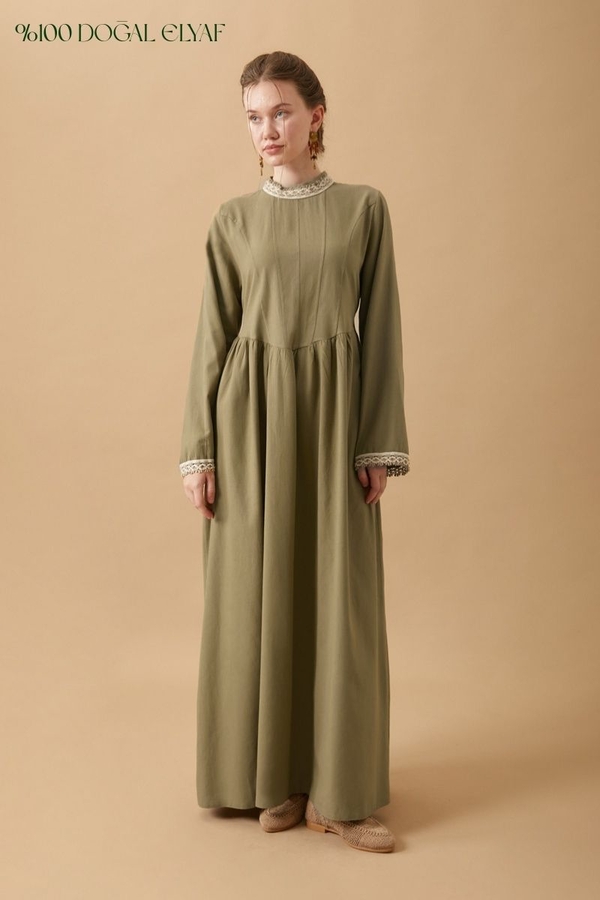 Lace-Trimmed Linen Dress Khaki - 2
