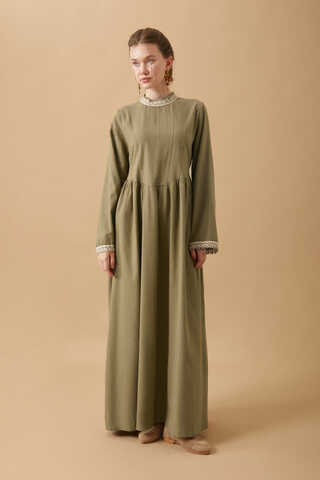 Lace-Trimmed Linen Dress Khaki - 4