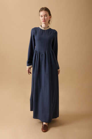 Lace-Trimmed Linen Dress Navy Blue - 5
