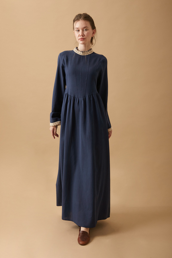 Lace-Trimmed Linen Dress Navy Blue - 5
