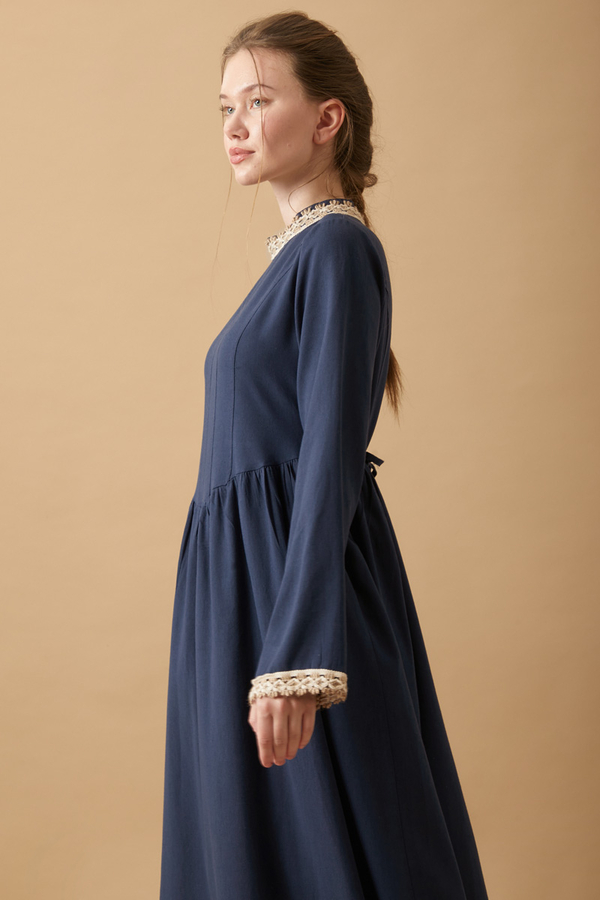 Lace-Trimmed Linen Dress Navy Blue - 6