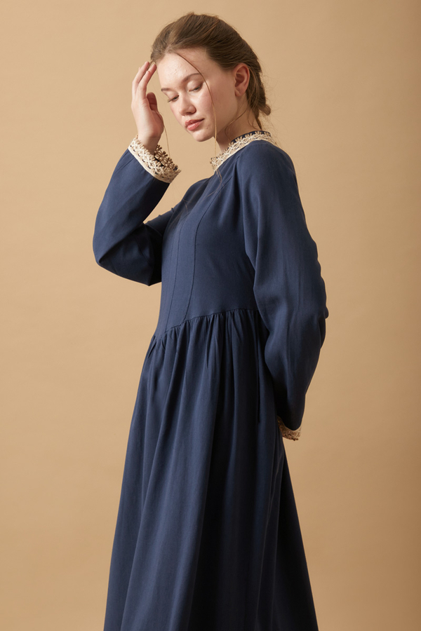 Lace-Trimmed Linen Dress Navy Blue - 8