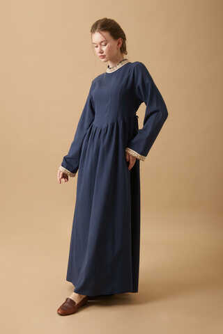 Lace-Trimmed Linen Dress Navy Blue - 9