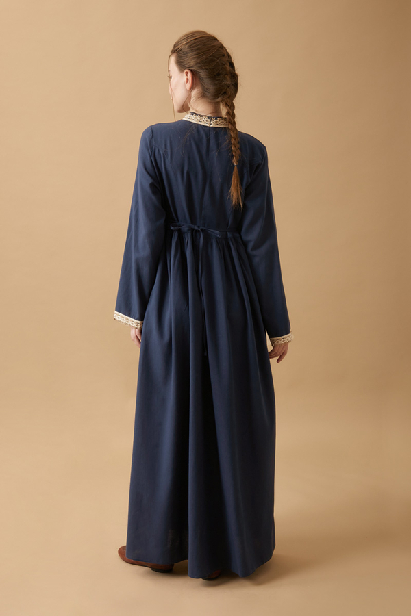 Lace-Trimmed Linen Dress Navy Blue - 12