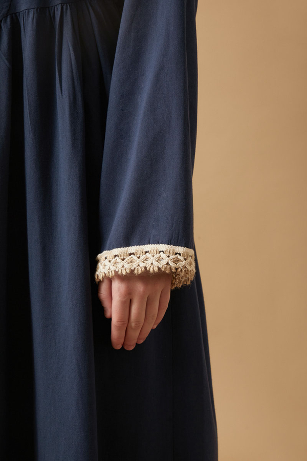 Lace-Trimmed Linen Dress Navy Blue - 10