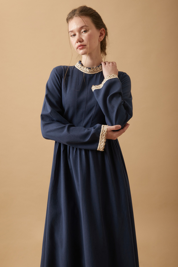 Lace-Trimmed Linen Dress Navy Blue - 3