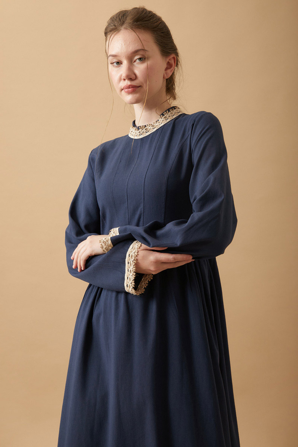 Lace-Trimmed Linen Dress Navy Blue - 11