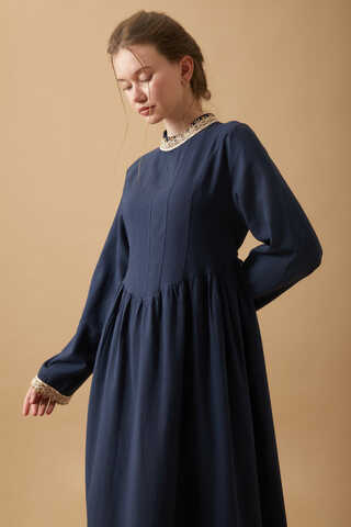 Lace-Trimmed Linen Dress Navy Blue - 2
