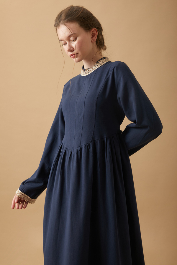 Lace-Trimmed Linen Dress Navy Blue - 2