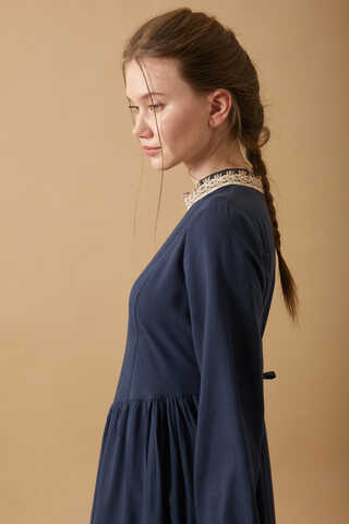 Lace-Trimmed Linen Dress Navy Blue - 7