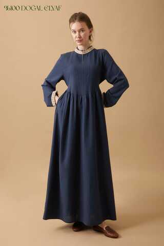 Lace-Trimmed Linen Dress Navy Blue - 1