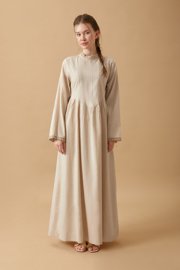 Lace-Trimmed Linen Dress Stone - 12