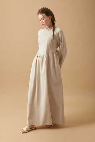 Lace-Trimmed Linen Dress Stone - 15