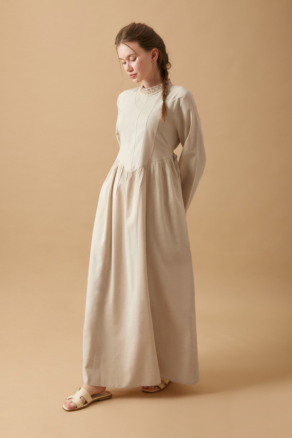 Lace-Trimmed Linen Dress Stone - 15