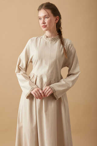 Lace-Trimmed Linen Dress Stone - 11